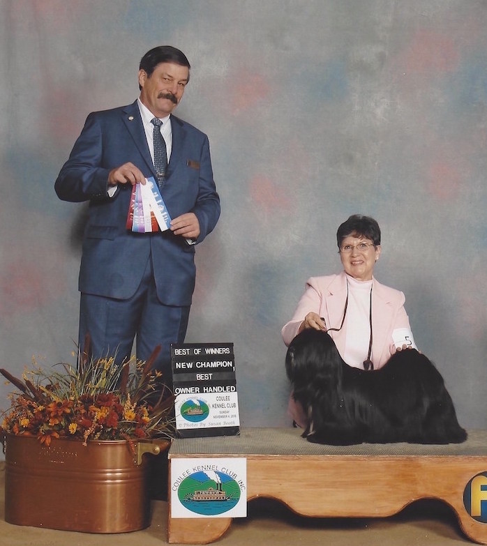 Black Lhasa with handler and judge